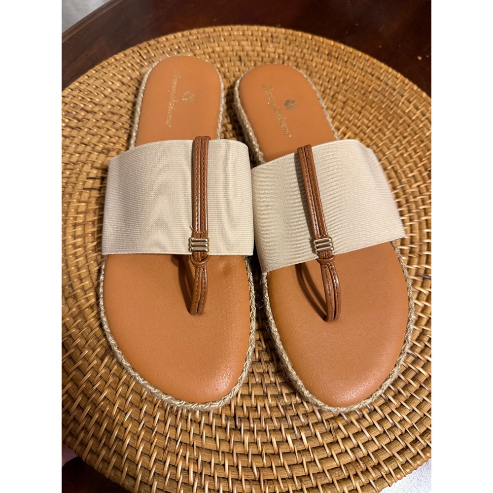 Tommy Bahama Womens Espadrille Slide Sandals Tan Cream Elastic Thong Flats